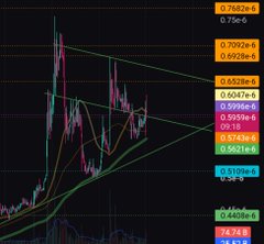 A candlestick price chart with various colored price levels marked on the right side, including values like 0.7982e4, 0.7007e4, and 0.6216e4.