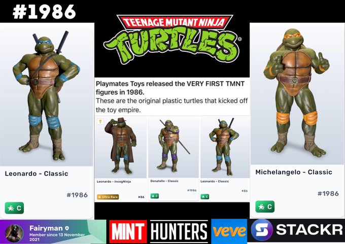 A collectibles display featuring the original Playmates Toys Teenage Mutant Ninja Turtles figures released in 1986, showcasing Leonardo and Michelangelo as '#1986' entries on the Veve digital collectibles platform.