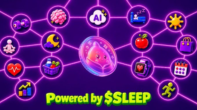 A colorful digital graphic with a purple neon honeycomb background shows a central sleeping egg character connected to lifestyle icons like brain, sleep, sun, and fitness, with the text 'Powered by $SLEEP'.