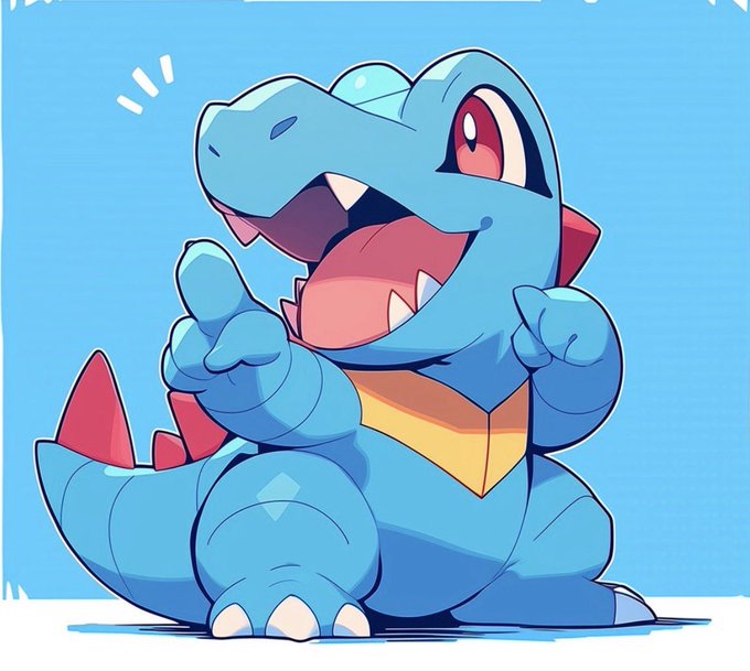 An illustration of the Pokémon Totodile, a small blue crocodile-like creature, sitting happily with its mouth open and claws raised.