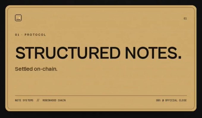 The image is a tan-colored card titled "STRUCTURED NOTES." with the subtitle "Settled on-chain," tagged as "01 · PROTOCOL" and noting "ROBINHOOD CHAIN" and "NOTE SYSTEMS." The accompanying post explains that while tokenized stocks like AAPL, NVDA, and TSLA provide the underlying assets, structured notes are the "building blocks" used to package payoffs like fixed coupons—and this slide visually introduces that concept as the first protocol layer of on-chain structured products.