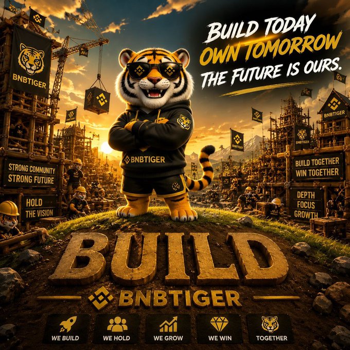 A promotional image featuring a tiger mascot in sunglasses and BNBTIGER apparel, with the slogan 'BUILD TODAY OWN TOMORROW THE FUTURE IS OURS' and 'BUILD BNBTIGER' displayed prominently.