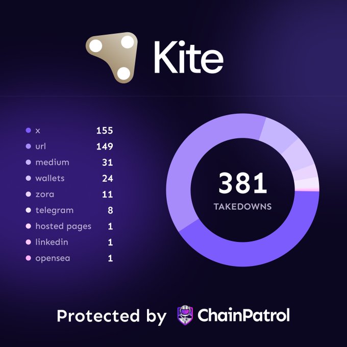 A dark purple branded graphic for Kite displays a donut chart showing 381 total takedowns of malicious links, broken down by source: X (155), URL (149), Medium (31), Wallets (24), Zora (11), Telegram (8), Hosted Pages (1), LinkedIn (1), and OpenSea (1), with "Protected by ChainPatrol" credited at the bottom. The image visually reinforces the post's message about removing 381 phishing traps targeting Kite's users through their partnership with ChainPatrol.