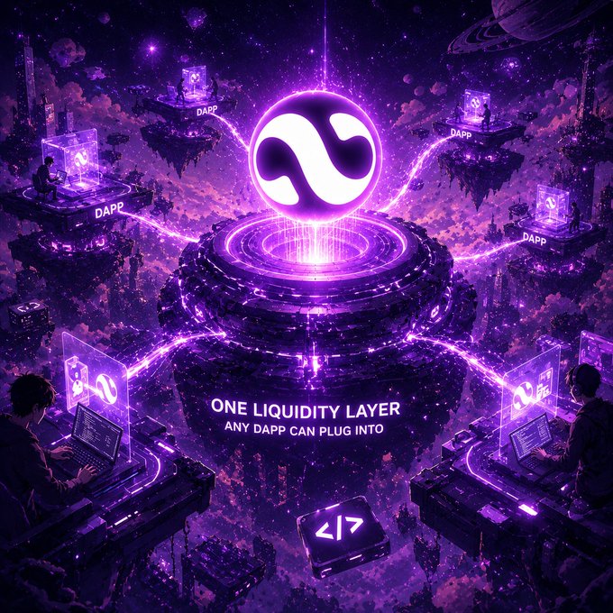 The image features an illustration of a futuristic cityscape with floating islands, neon lights, and various technological elements such as computers and other devices. The central focus of the image is a large purple circle containing a white "N" symbol, surrounded by smaller circles representing different types of technology or projects. The caption below the image reads: "What made Uniswap powerful wasn' t just swapping. It became something other projects could use and build around. Pact is bringing that idea to a multichain setup. One liquidity layer that any dApp can plug into."