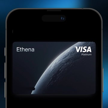 A smartphone displaying the Ethena app on a Visa Platinum card with a dark planet/Earth background.