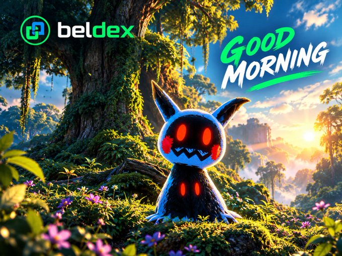 A digital artwork featuring a spooky blue and black creature with red glowing eyes standing in a lush fantasy forest, with 'beldex' logo and 'GOOD MORNING' text overlaid.