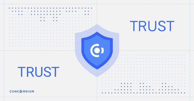 The image features a white square with blue text that reads "Trust" at the top, followed by a shield design with the letter "C" in the center, and then another shield with the word "Trust" written below it. The background of the image is gray, providing a neutral backdrop for the elements on the poster. The caption above the image states "Hilbert Group dropped a signal most people scrolled past a NASDAQ-listed firm just made $CCD ( @Concordium ) their first altcoin ever outside of BTC and ETH not via VC rounds or a private allocation they'r market-buying for 6 months straight".