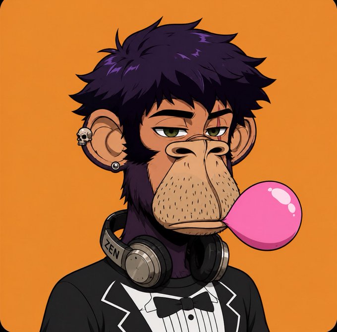 A cartoon NFT-style illustration depicts a purple-haired ape character wearing a tuxedo with a bow tie, skull earring, and Zen headphones, blowing a pink bubblegum bubble against an orange background.