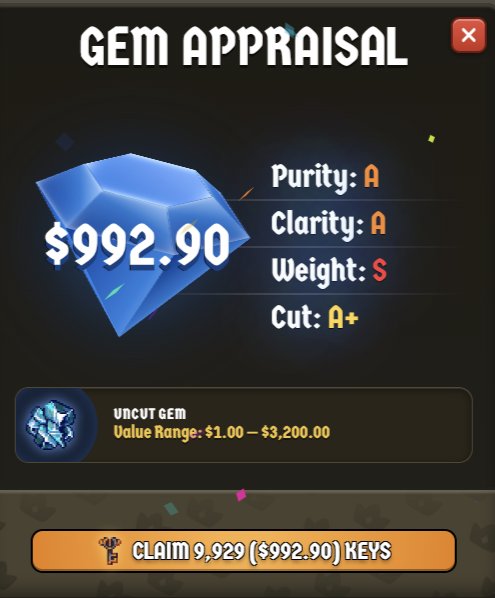 A 'GEM APPRAISAL' screen showing a blue gem valued at $992.90 with stats Purity: A, Clarity: A, Weight: S, Cut: A+, labeled as 'UNCUT GEM' with a 'CLAIM 9,929 ($992.90) KEYS' button.