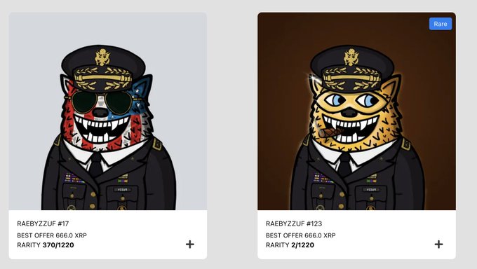 Two digital NFT collectible cards from the $FUZZY collection are displayed side by side, showing "RAEBYZZUF #17" (left) and "RAEBYZZUF #123" (right), both featuring cartoon bear mascots dressed in military uniforms with a "BEST OFFER 666.0 XRP" and a "Rare" tag on #123. The image highlights the rare Reverse Fuzzy #17 — the one referenced in the post that recently sold for 6.9k XRP — alongside #123 for comparison.