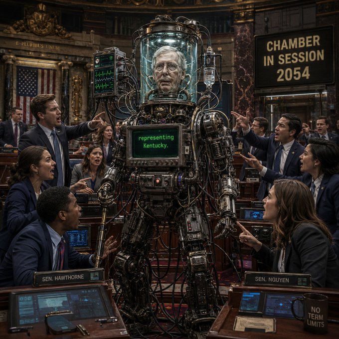 The image depicts a satirical scene in a congressional chamber set in 2054, where Senator Mitch McConnell's head is preserved inside a complex, high-tech life-support machine labeled "representing Kentucky," with "NO TERM LIMITS" visible on a nearby desk, mocking the post's play on his name with "Life's A Mitch."