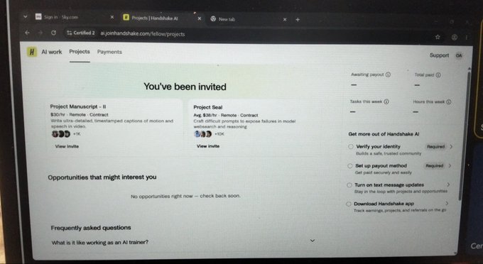 A laptop screen displays the Handshake AI projects dashboard showing two available invitations—Project "Manuscript - II" ($30/hr Remote) and "Project Zeal" ($30/hr Remote)—along with a message that no hedgehog projects are currently available for UK accounts. The image directly supports the post about the limited project availability for newly opened UK Handshake accounts, highlighting the waiting period until hedgehog projects become accessible.