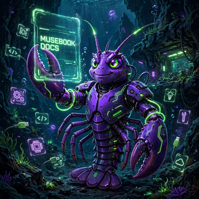 A purple robotic lobster character holds a glowing green holographic 'MUSEBOOK DOCS' interface in an underwater cave surrounded by tech icons.
