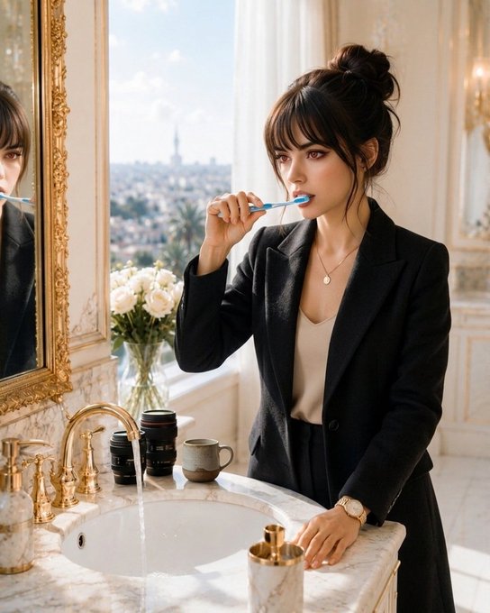 A woman in a black blazer brushes her teeth with a blue toothbrush at an ornate bathroom sink, with camera lenses, white roses, and a city view visible in the background.