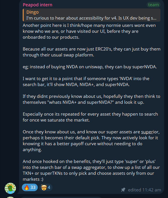A Discord message from "Peapod intern" titled "Dingo" discusses UX strategies for v4, proposing that all assets become ERC20s so users could discover them via search bars on swap platforms (e.g., searching "NVDA" showing NVDA, NVDA+, and superNVDA), allowing organic discovery and adoption without dedicated onboarding—directly illustrating the post's point about ERC-20 v4 positions being composable DeFi building blocks usable across the ecosystem.