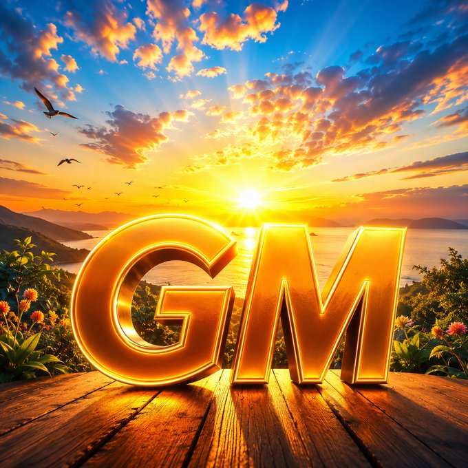 Golden 3D letters spelling 'GM' sitting on a wooden surface, backlit by a vibrant sunset over the ocean with seagulls flying.