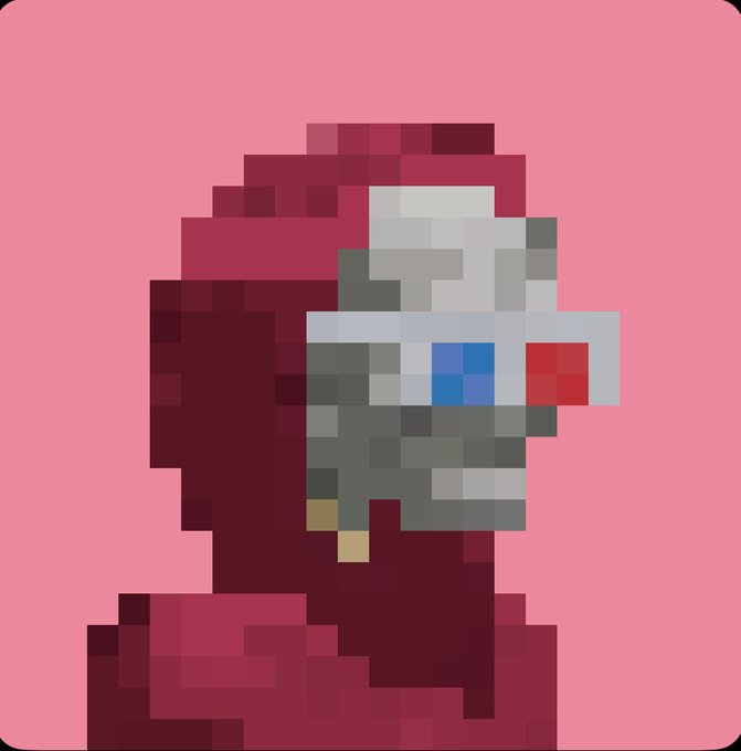 A pixel art profile picture showing a hooded figure wearing a white and blue cyberpunk-style headset with a red lens against a pink background.