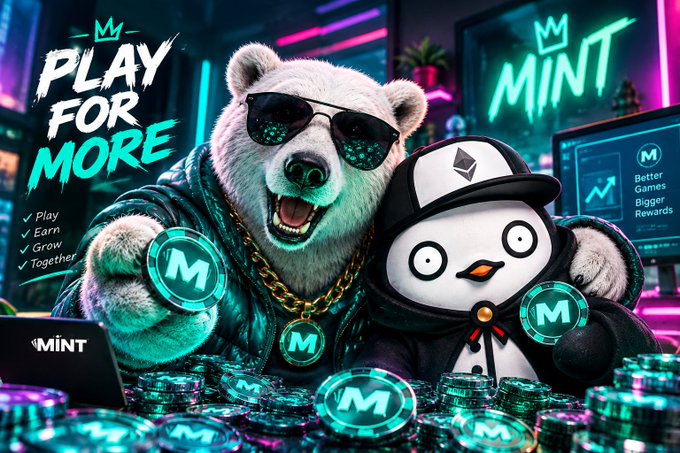 A colorful digital promotional poster featuring a bear in sunglasses and a penguin mascot surrounded by 'M' coin tokens, with text reading 'PLAY FOR MORE' and 'MINT' along with benefits like 'Play,' 'Earn,' 'Grow,' and 'Together.'