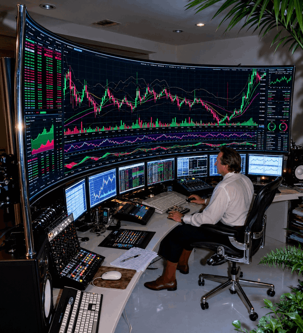A trader sits at a multi-monitor workstation featuring a massive curved display showing candlestick charts and market data, surrounded by keyboards, mixing boards, and additional screens displaying line graphs. The high-tech setup humorously exaggerates the modest $247 portfolio, pairing a complex professional trading environment with a small account balance for comedic effect.