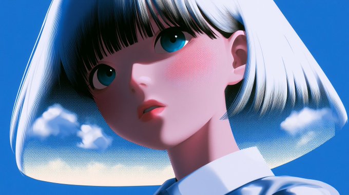 A 3D anime-style render of a girl with a white bob haircut looking upward against a bright blue sky with clouds.