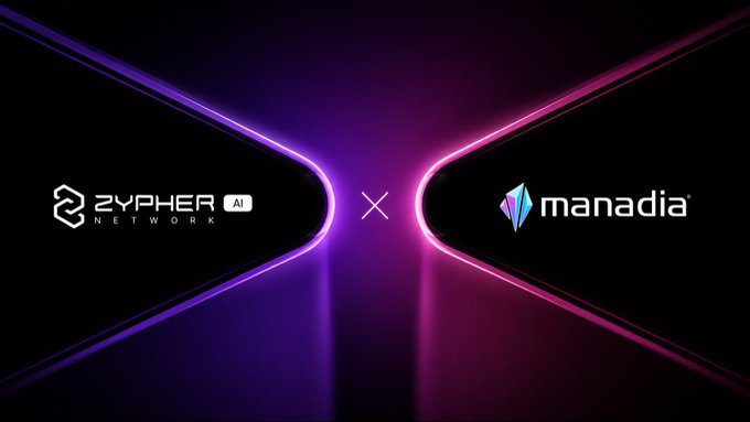 A promotional graphic with neon purple and pink lighting showing a partnership between 'ZYPHER AI NETWORK' and 'manadia', separated by an 'X' symbol.
