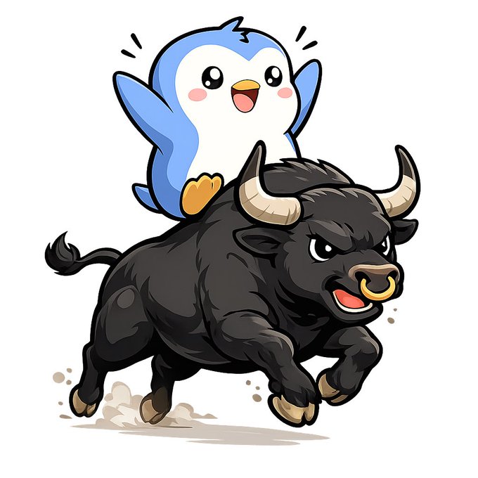 A cartoon illustration of a cute penguin with blue and white coloring riding on the back of a charging black bull with a nose ring.