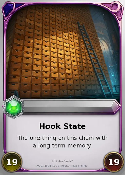 A trading card titled 'Hook State' from Xahaucards (XC-01-450-E-19-19 | Hooks – Epic | Perfect) featuring an illustration of a wall of golden drawers with a ladder, valued at 19 in both corners.