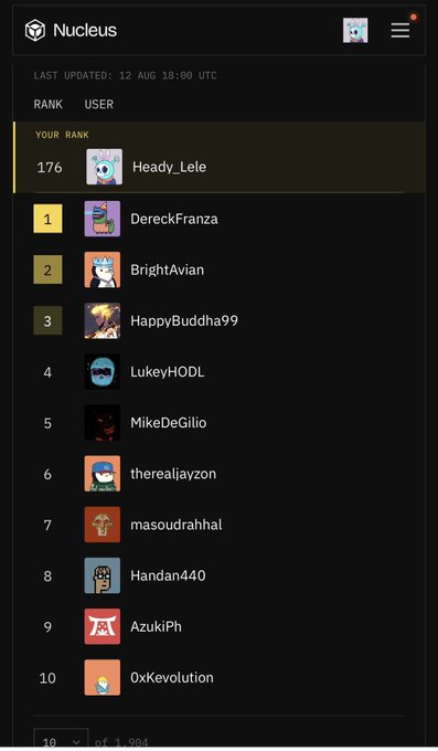 A 'Nucleus' leaderboard ranking page last updated 12 Aug 18:00 UTC, showing 'YOUR RANK' as 176 for user Heady_Lele, and the top 3 users as DereckFranza, BrightAvian, and HappyBuddha99.