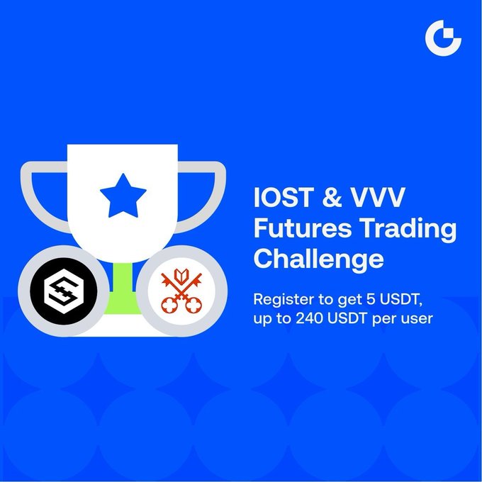 A blue promotional graphic for the IOST & VVV Futures Trading Challenge invites users to trade $IOST and $VVV, with rewards including 5 USDT per registration and up to 240 USDT per user.