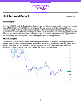 The second page of a 'CRYPTO WEEK' 'LINK Technical Outlook' dated August 3rd, featuring market analysis for Chainlink and a technical chart illustrating a falling wedge pattern.