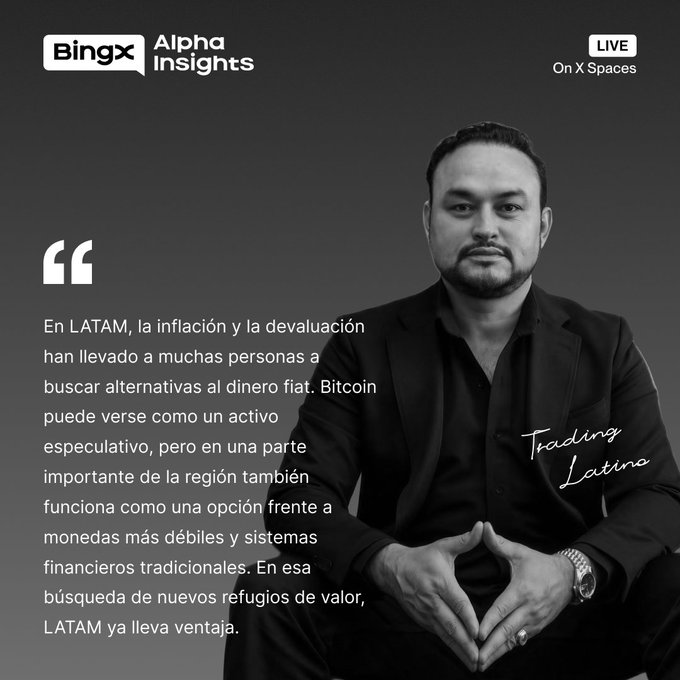A promotional graphic for 'BingX Alpha Insights' featuring a man in a black suit in a black-and-white photo with a Spanish quote about Bitcoin in LATAM as an alternative to fiat currency, signed 'Trading Latino'. Text reads 'LIVE On X Spaces'.