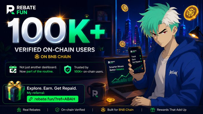 Promotional banner for 'REBATE FUN' featuring an anime-style character with green hair, advertising '100K+ VERIFIED ON-CHAIN USERS ON BNB CHAIN' and showing app screenshots with the referral link 'rebate.fun?ref=ABAH'.