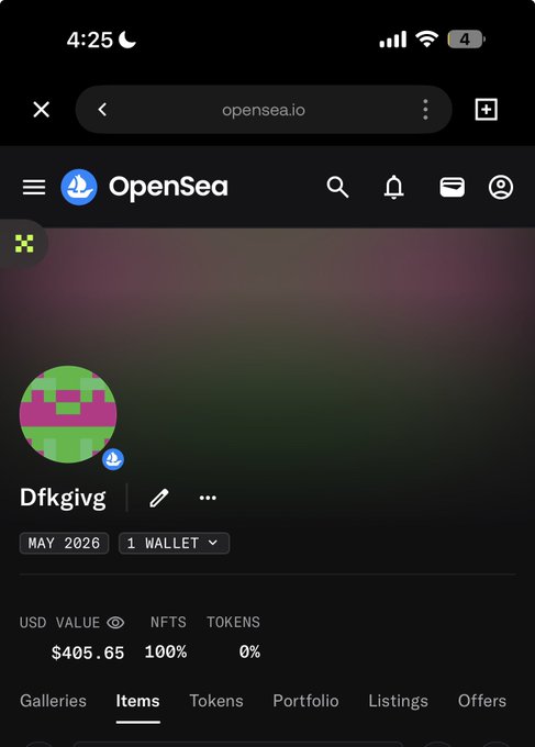 A screenshot of an OpenSea profile page for "Dfkgivg" showing a USD value of $405.65 with a portfolio allocation of 100% NFTS and 0% tokens, reinforcing the post's claim of being fully invested in NFT art with no token holdings.
