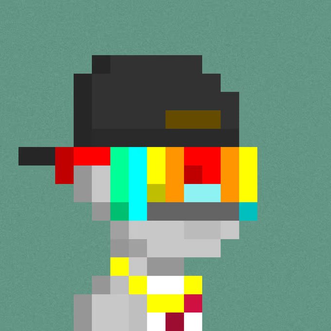 A heavily pixelated/mosaic-style digital artwork on a teal background depicting a figure wearing a dark hat and colorful accessories.