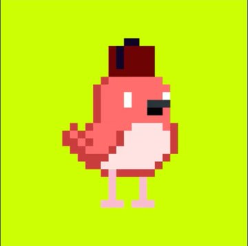 A pixel art illustration of a pink bird wearing a small brown top hat, set against a bright green background. The image relates to the post about joining the Wolfage Arena, where the user bought pixel art characters from @Birdhoodart to add to their daily Wolfswap routine.