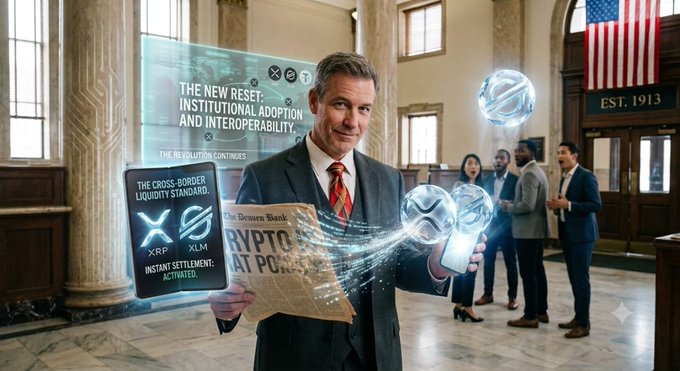 A skeptical banker holds a newspaper reading "CRYPTO RAT PO..." alongside a holographic display declaring "THE NEW RESET: INSTITUTIONAL ADOPTION AND INTEROPERABILITY," with a smartphone showing "XRP" and "XLM" cross-border settlement options being activated. The image visually captures the post's theme of institutional hypocrisy—banks that once mocked crypto as "rat poison" are now embracing XRP and XLM (Stellar) for cross-border liquidity, illustrating "The Reset" as traditional finance pivots toward blockchain-based settlement rails.