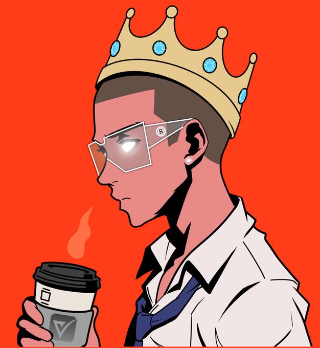 A stylized illustration of a crowned figure in sunglasses holding a steaming coffee cup with a "V" logo, set against a bold red background—conveying a "GM" (good morning) crypto vibe that pairs with the post's playful reference to Solana and influencer Ansem.