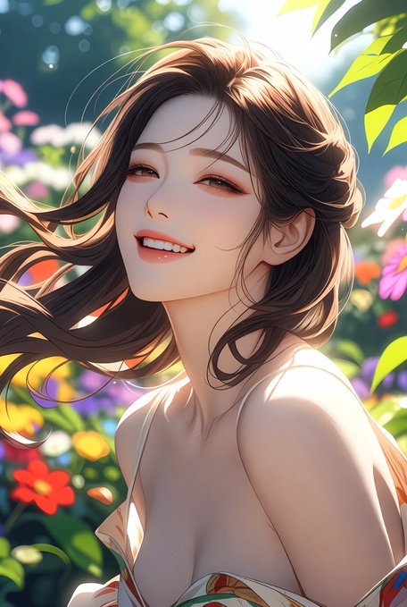 An anime-style illustration of a smiling young woman with long brown hair, surrounded by colorful flowers and sunlight in a lush garden setting.