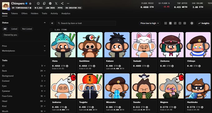 A screenshot of the 'Chimpers' NFT collection on a marketplace, showing 3,931 items by 'Yuga Labs' with a floor price of 0.4556 ETH, displaying various cartoon monkey character listings.
