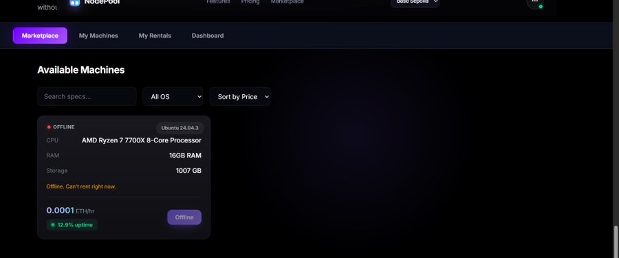 A NodePool marketplace screenshot displays an offline machine listing with an AMD Ryzen 7 7700X 8-Core Processor, 16GB RAM, and 1007 GB storage running Ubuntu 24.04.3, priced at 0.0001 ETH/hr with 12.9% uptime.