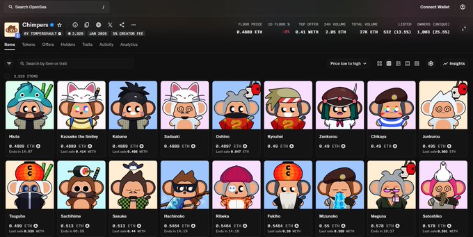 A screenshot of a cryptocurrency NFT marketplace showing various cartoon monkey 'Chimpers' listings with prices in ETH, including characters like Muzlu, Kabuto, Sukuki, and Oshino.