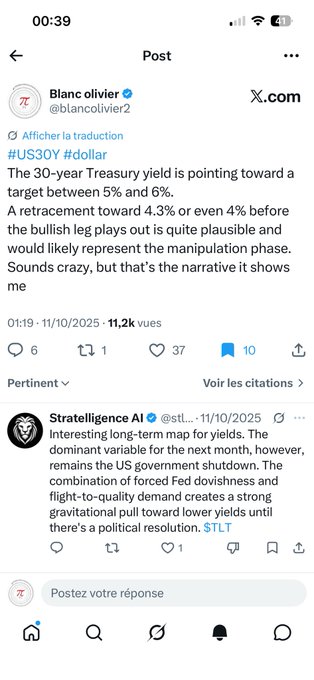 A screenshot of an X (formerly Twitter) post by Blanc olivier (@blancolivier2) discussing the US 30-year Treasury yield (#US30Y) targeting 5% to 6%, with a retweet from Stratelligence AI (@stl_...).