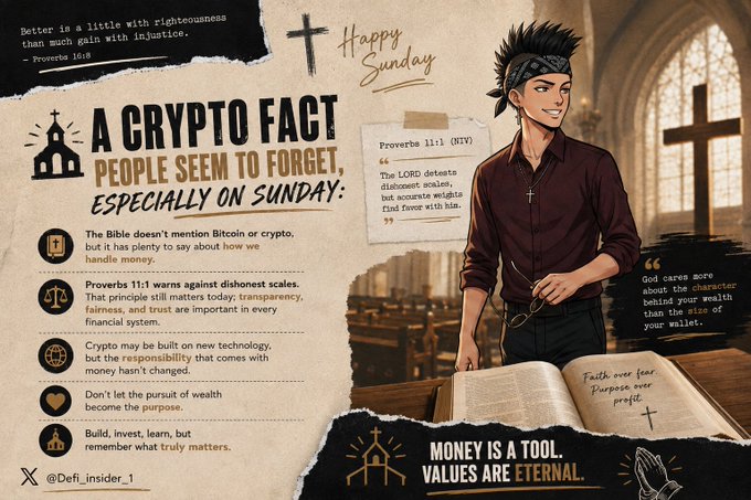 A religious-themed graphic titled "A CRYPTO FACT PEOPLE SEEM TO FORGET, ESPECIALLY ON SUNDAY" featuring Bible verses from Proverbs and a character holding glasses, with text "MONEY IS A TOOL. VALUES ARE ETERNAL."