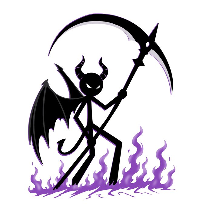 A cartoon devil stickman with horns, wings, and a scythe stands in purple flames, fitting the "stickman" theme of the giveaway for a hyped stickman NFT/crypto project.