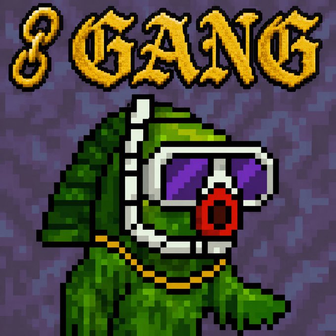 Pixel art logo or promotional image displaying a green figure in a hood and goggles under the stylized golden text '8 GANG.'