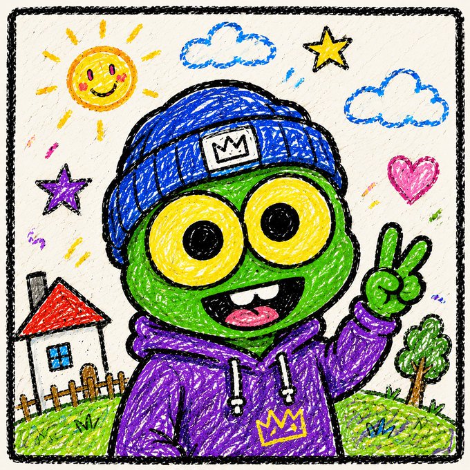 A colorful, crayon-style child's drawing of a green character with big yellow eyes, wearing a blue beanie with a crown logo and a purple hoodie with a yellow crown logo, making a peace sign. The background includes a smiling sun, clouds, a star, a heart, a house, and a tree.