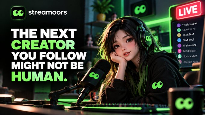 An advertisement for 'streamoors' showing an anime-style female streamer with headphones and a microphone, featuring the tagline 'THE NEXT CREATOR YOU FOLLOW MIGHT NOT BE HUMAN' and a 'LIVE' indicator.