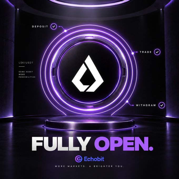 A promotional graphic for Echobit cryptocurrency exchange featuring 'FULLY OPEN' text, LSK/USDT trading pairs, and options for Deposit, Trade, and Withdraw with purple neon accents.