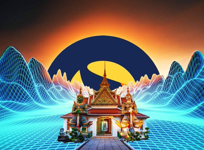 A Thai temple stands at the center of a retro, neon-grid landscape with mountains and a glowing sun, symbolizing Thailand's tax-friendly crypto environment. The post suggests this 0% capital gains tax exemption could attract major investor interest in LUNC.