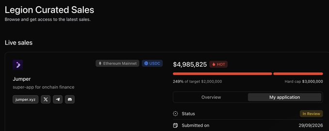 A 'Legion Curated Sales' interface showing a 'Live sales' section for 'Jumper', described as a 'super-app for onchain finance', with a raised amount of $4,985,825 and a status of 'In Review'.